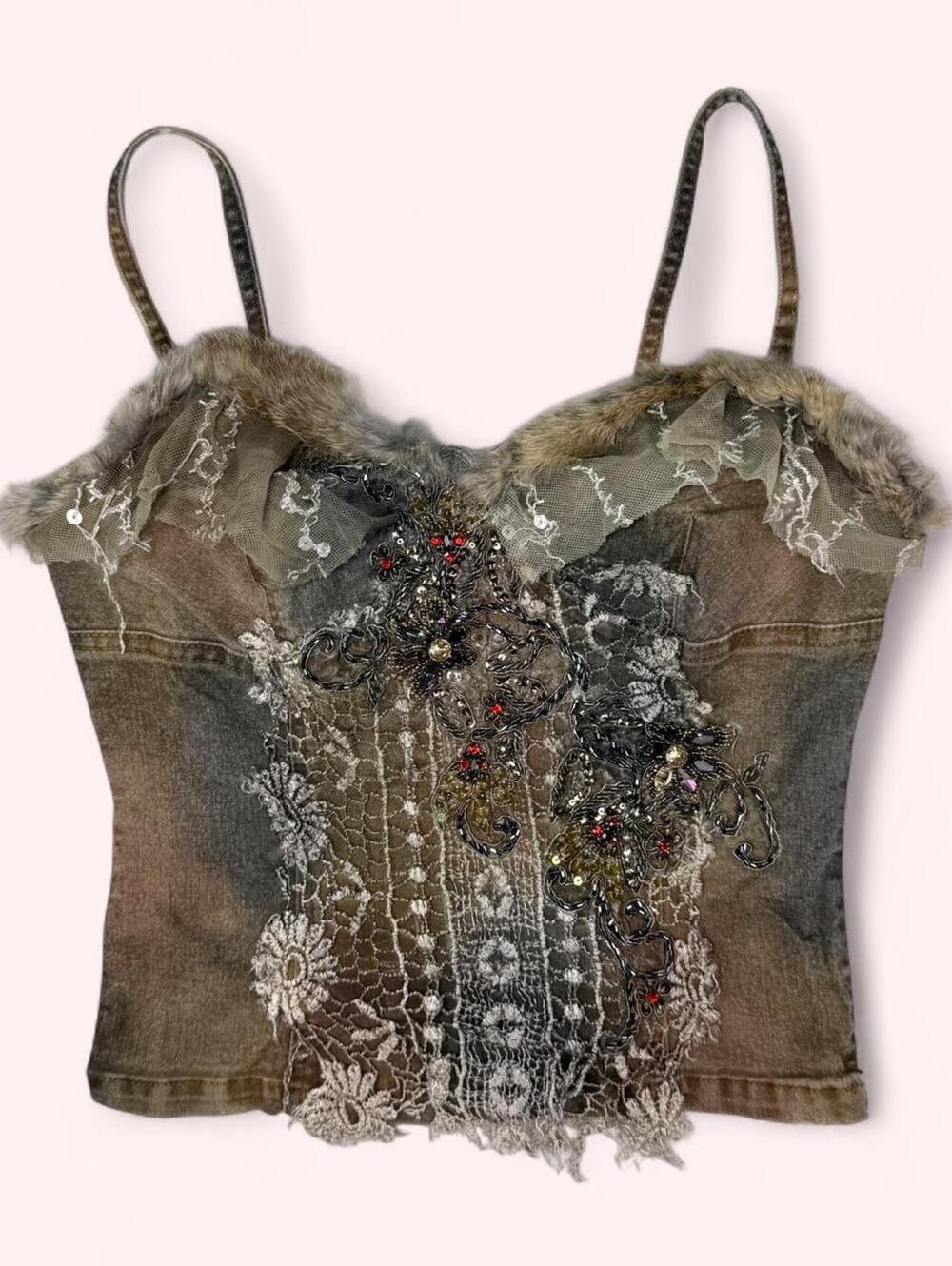 Euro Rossi Roma beaded denim corset style top  with fur trim and embellishments